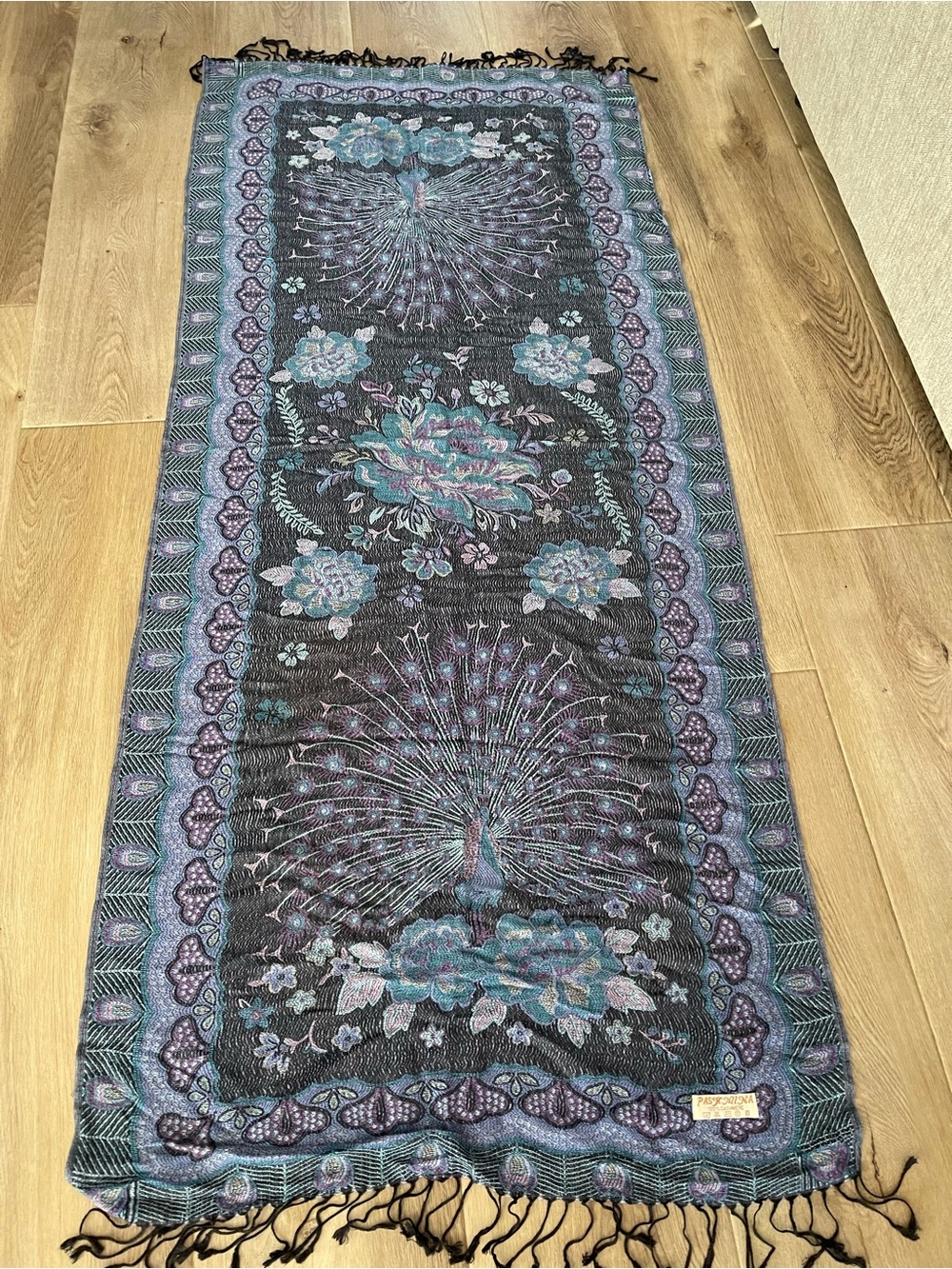 Vintage Pashmina Purple & Black Peacock Jacquard Scarf/Wrap